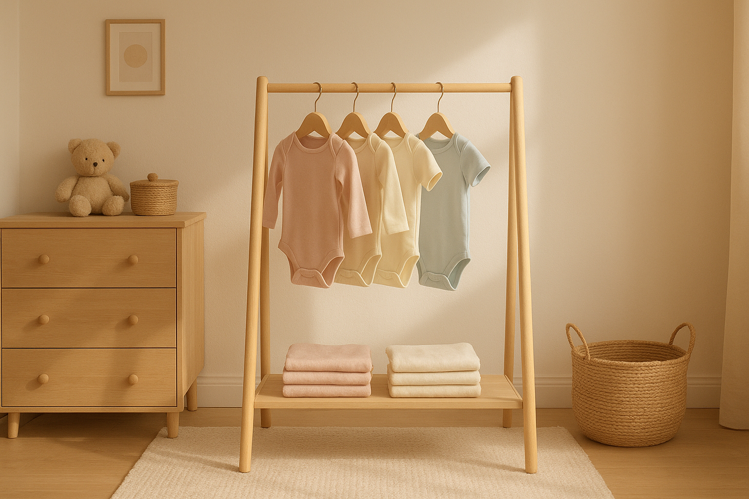 Designer nursery fashion rental clothing rack in a bright nursery room