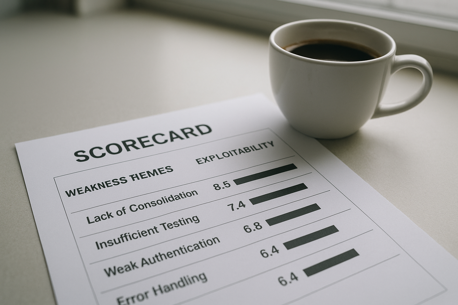 Printed competitive intelligence report scoring contractor weakness themes from customer reviews