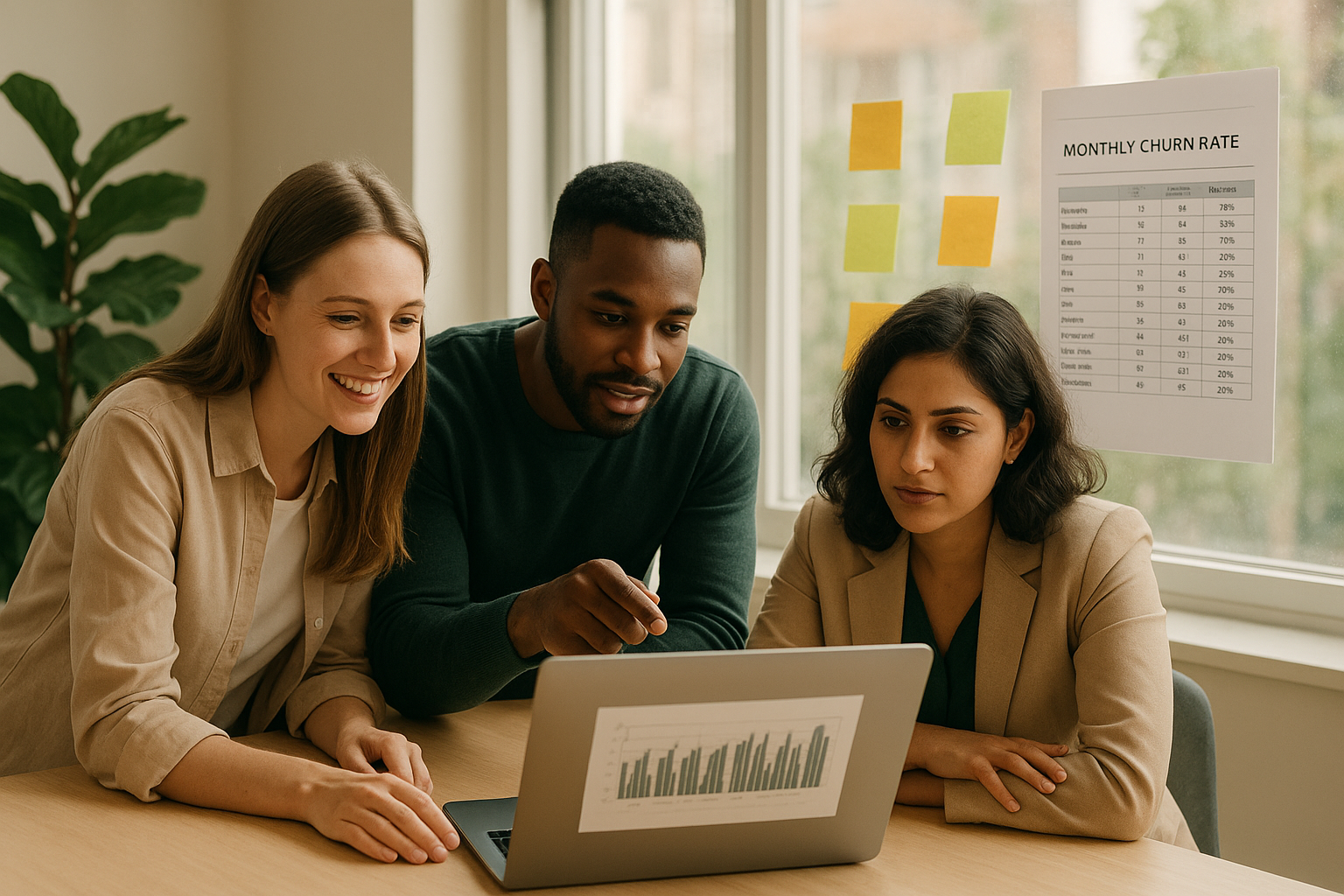 Team reviewing monthly churn rate numbers on a laptop together