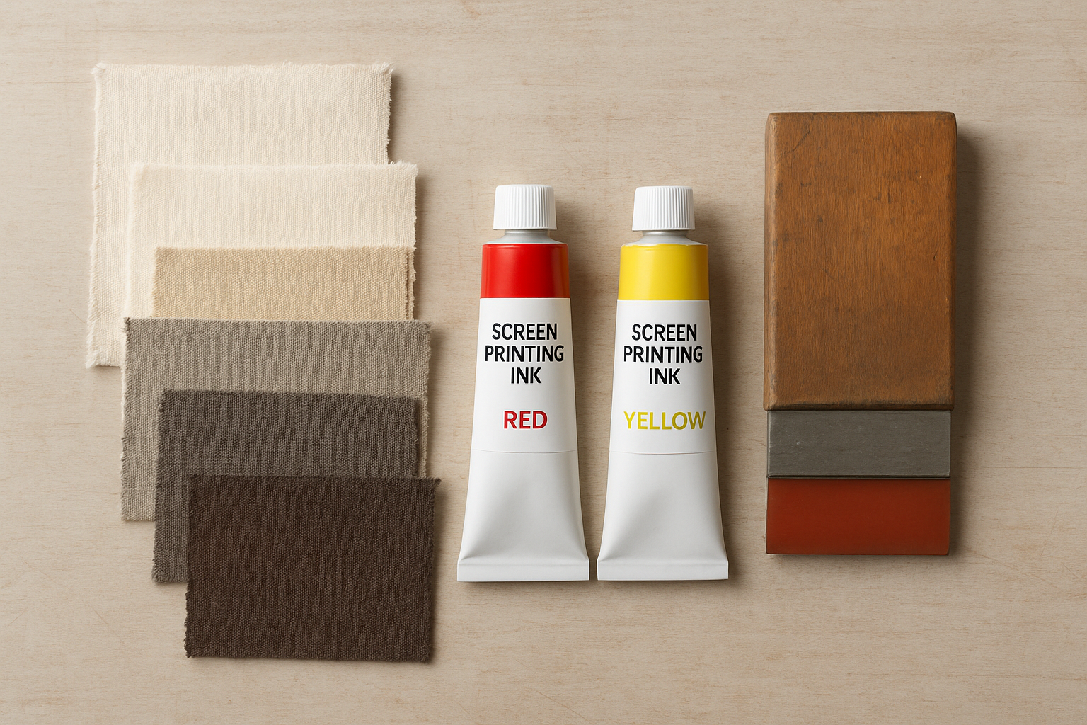 Fabric swatches and screen printing tools used to produce durable custom t-shirt graphics