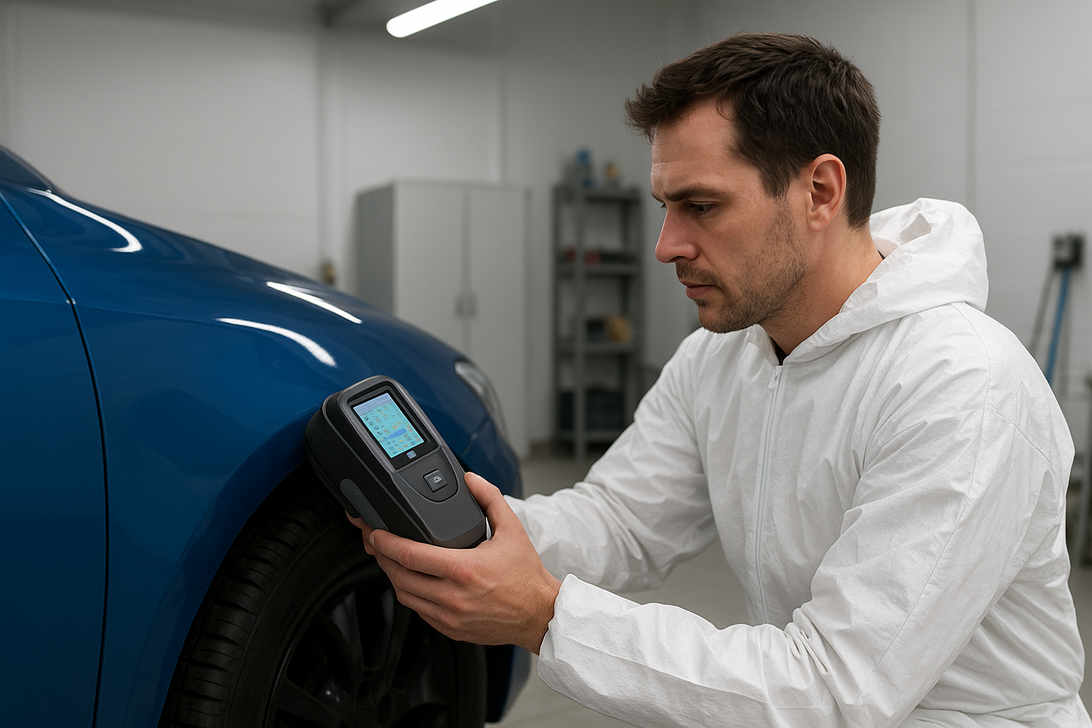 Technician using computerized paint color matching technology at an auto body shop