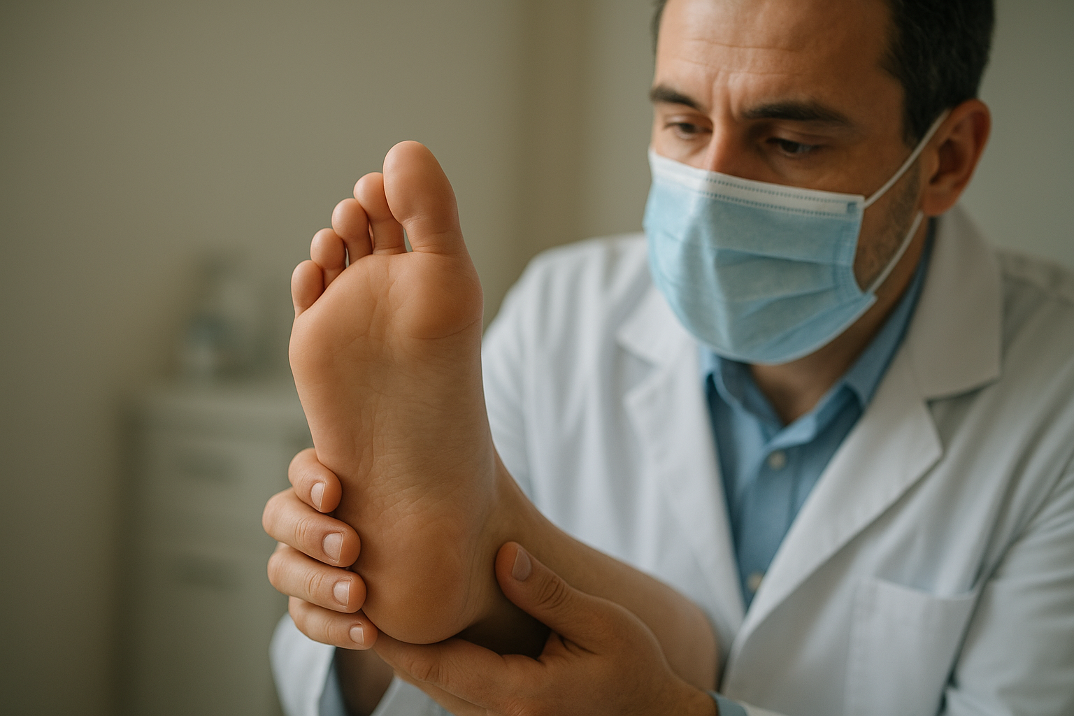 Podiatrist examining a patient's flat arch before recommending custom orthotics for flat feet