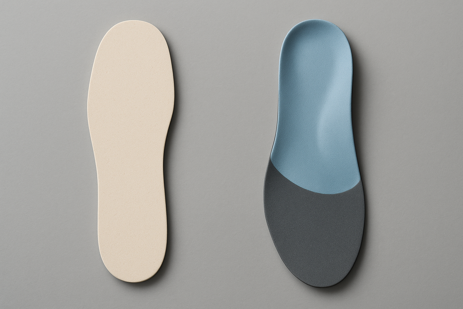 Side-by-side comparison of a generic insole and an orthotic shaped from custom foot molds