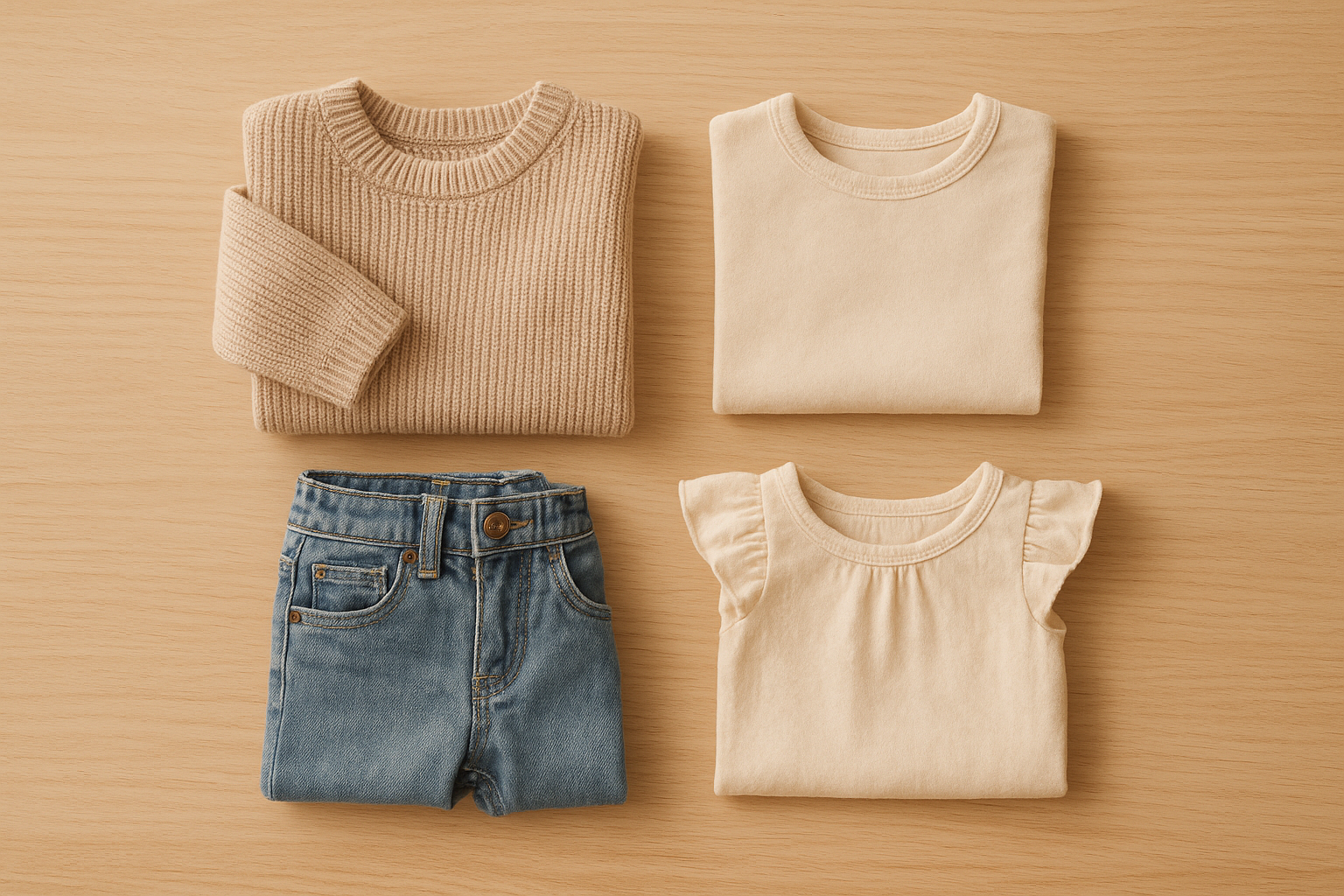 Flat lay of premium fashion for growing kids including sweaters, denim, and cotton tops in neutral tones