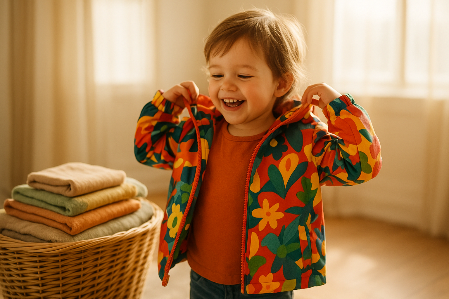 Young child trying on a colorful jacket from a kids clothing rental bundle in a bright room