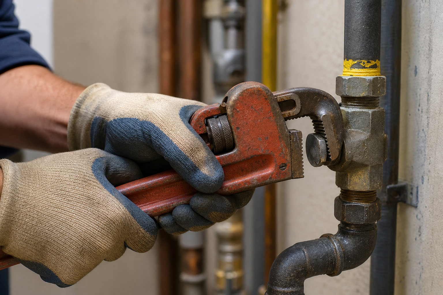 Plumber tightening a threaded gas pipe fitting during a residential installation