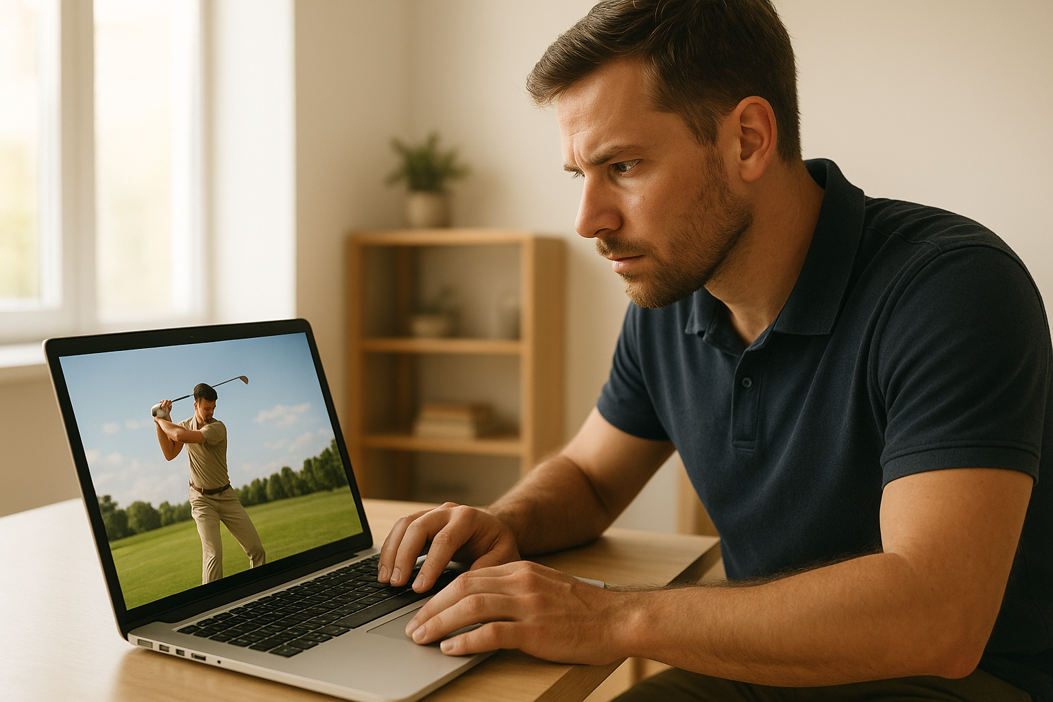 Golfer reviewing swing footage through a digital golf instruction platform