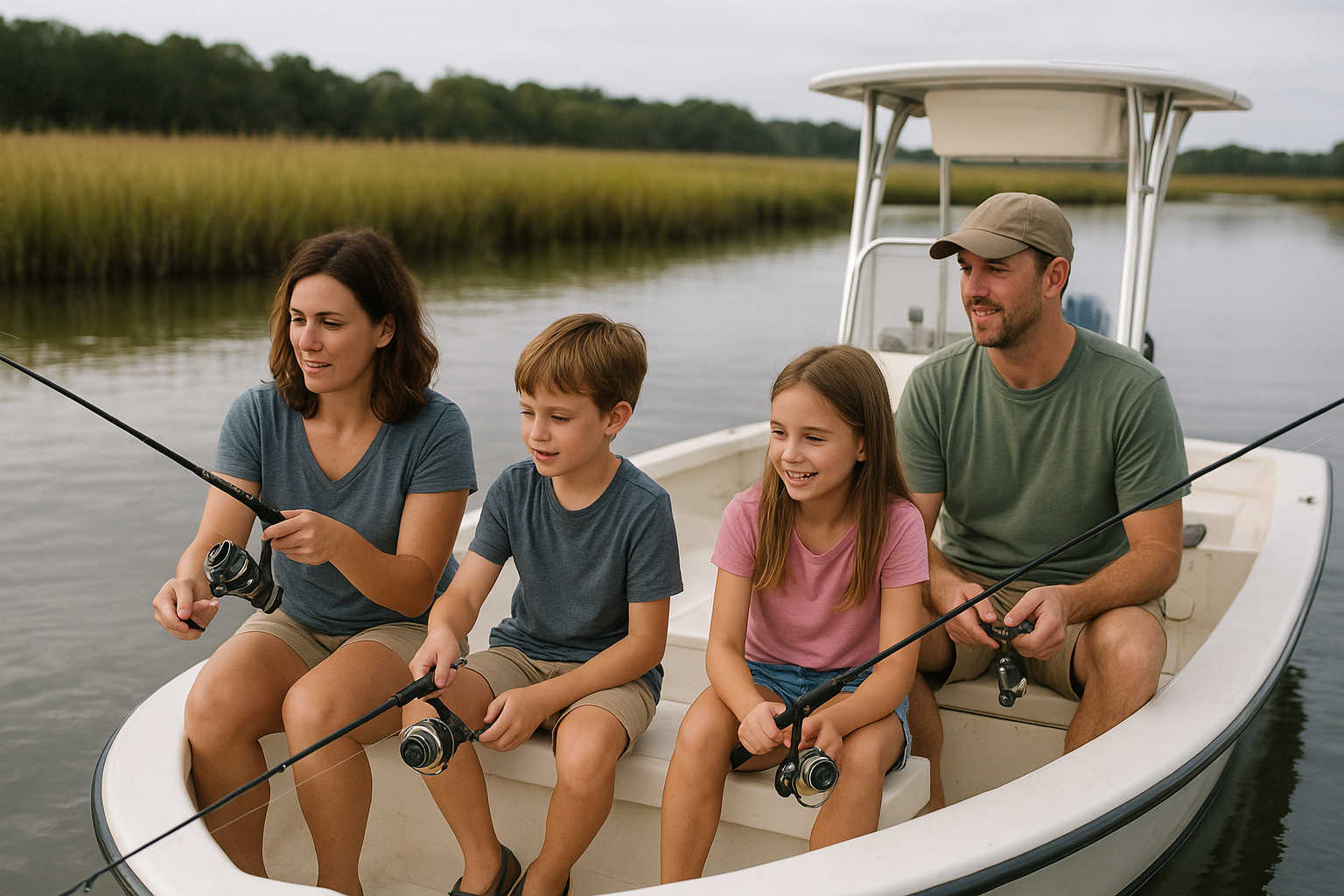 Family fishing from an inshore charter boat in a Murrells Inlet marsh creek