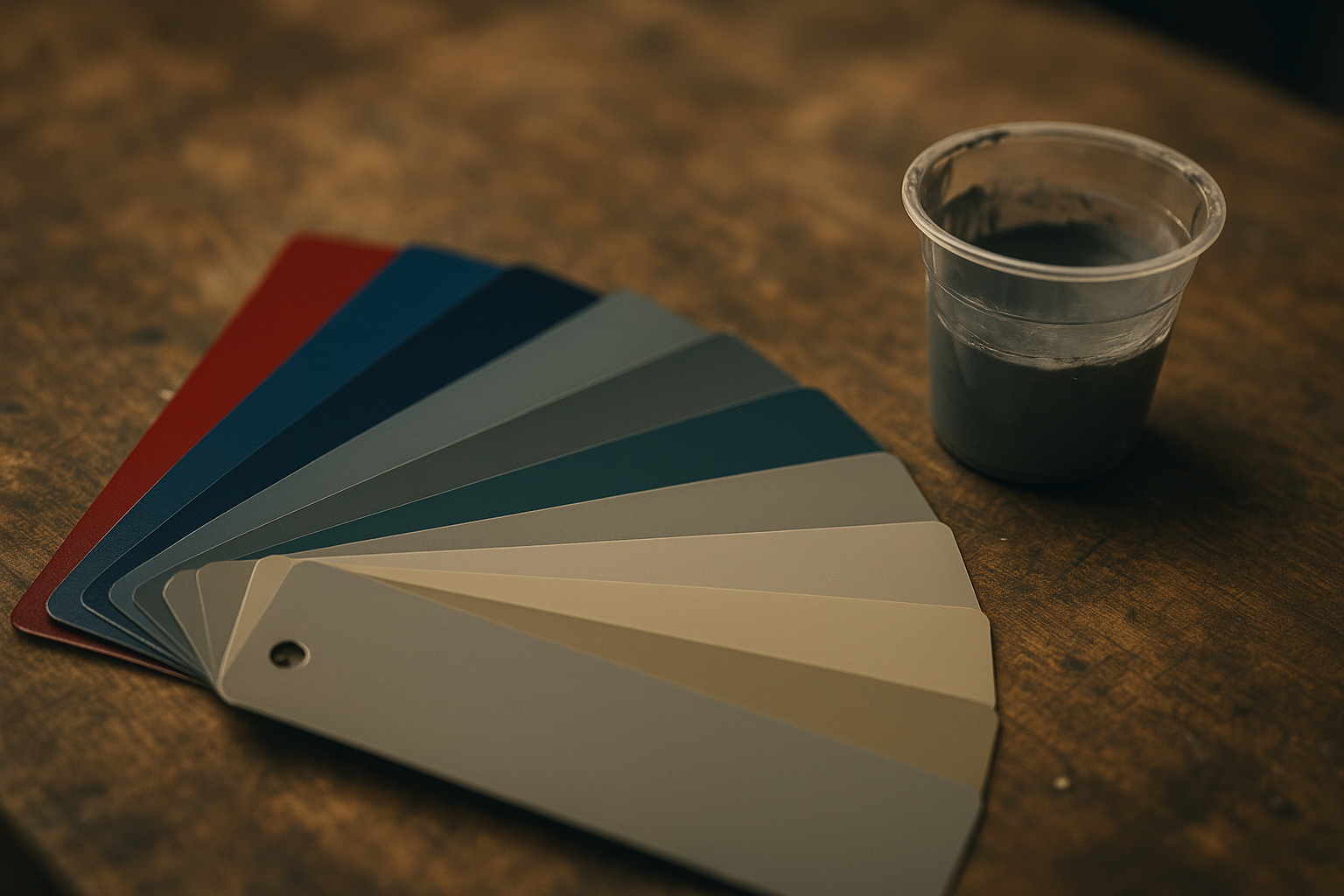 Fanned paint color swatch cards used to compare automotive finish tones during a repair