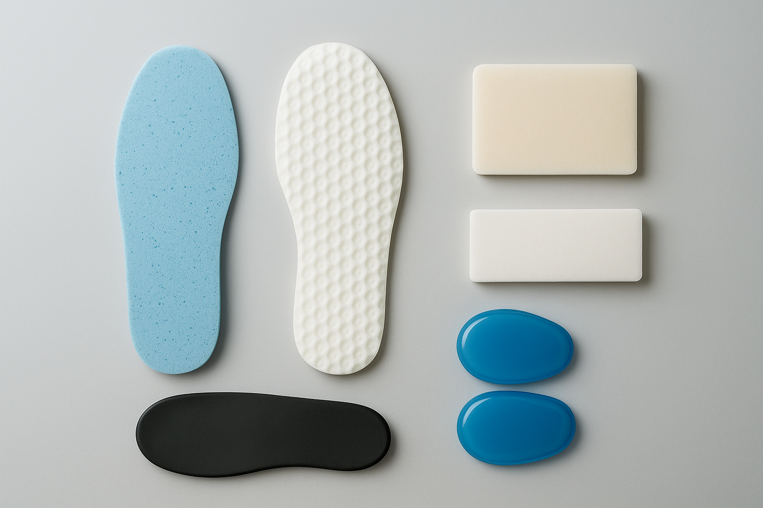 Diabetic foot orthotics materials including foam, gel padding, and EVA base layers