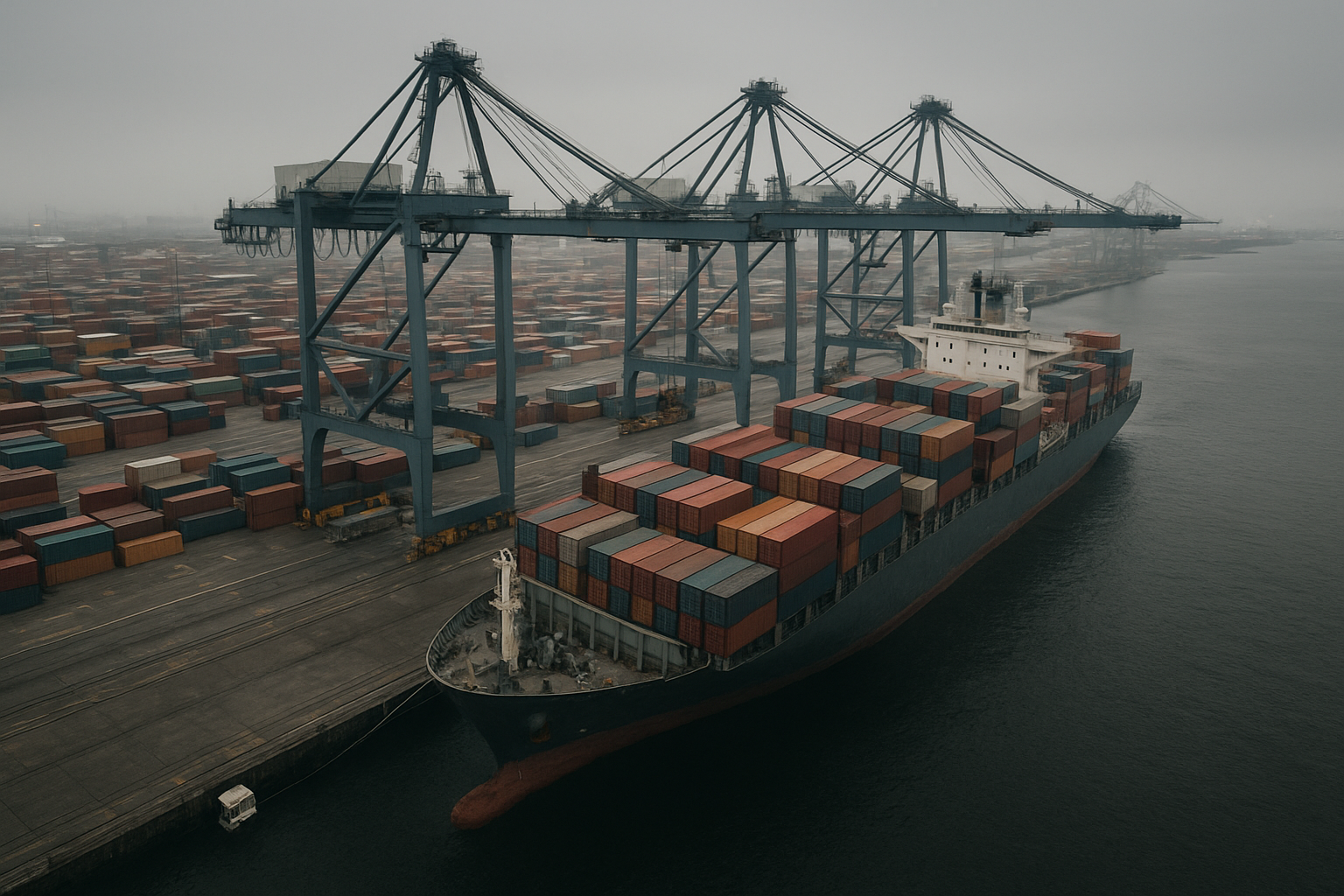 Aerial view of a container terminal loading cargo onto an ocean vessel