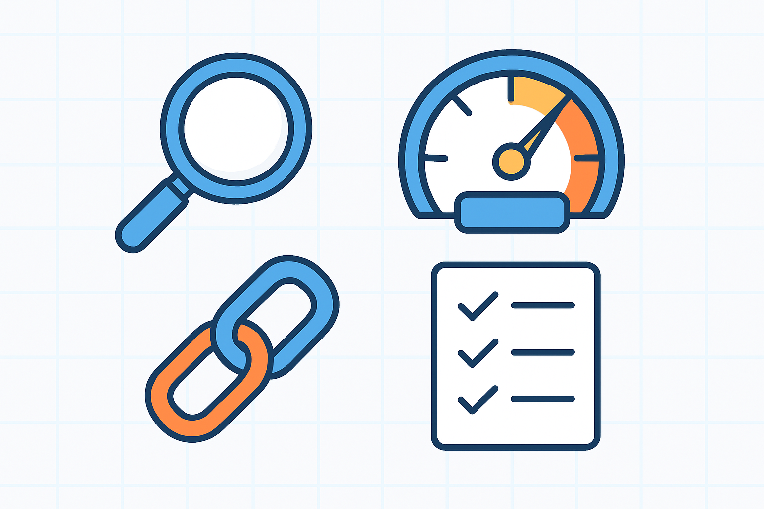 Illustrated icons representing key tools used to measure and improve SEO quality
