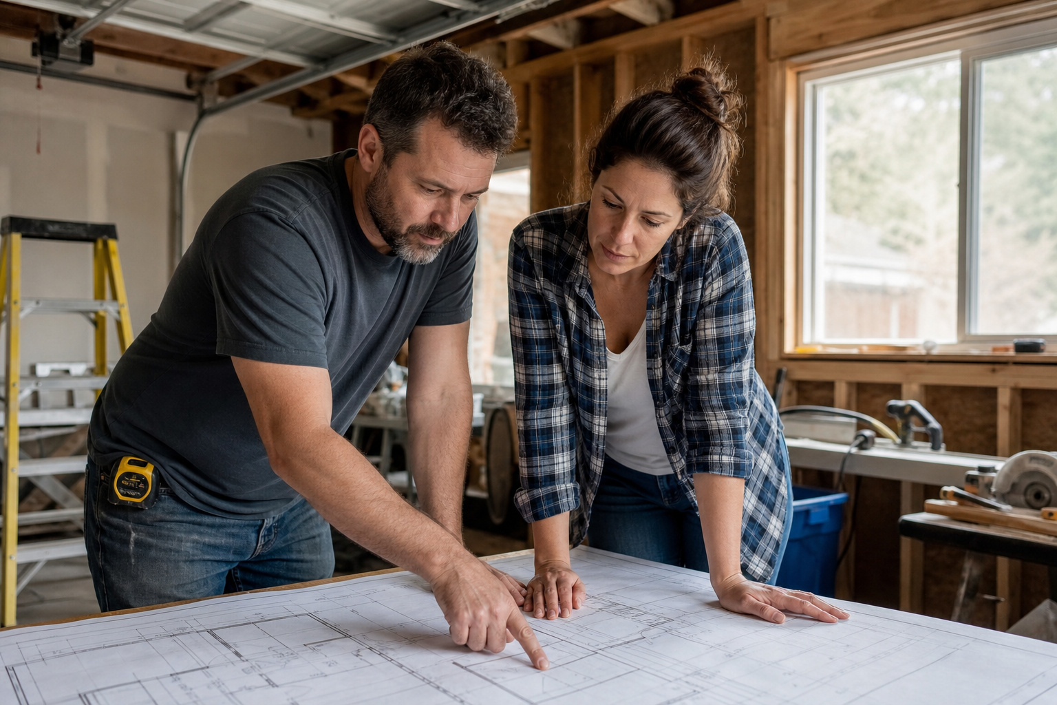 Contractor and homeowner reviewing garage ADU floor plans on site