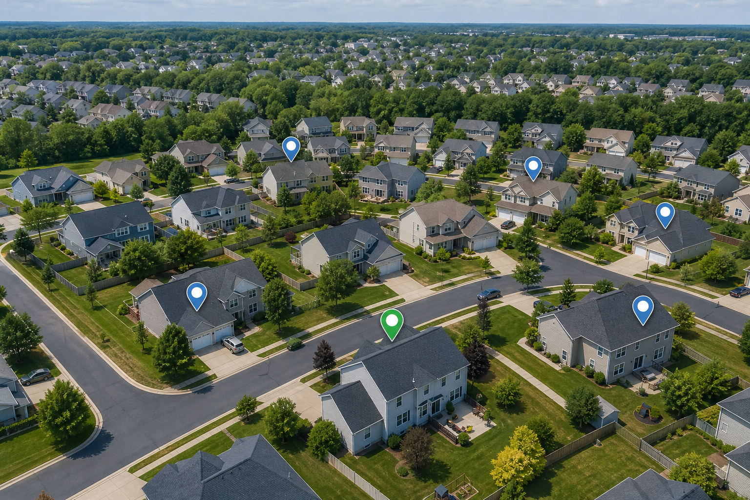 Aerial view of comparable suburban homes used in a property comp analysis report