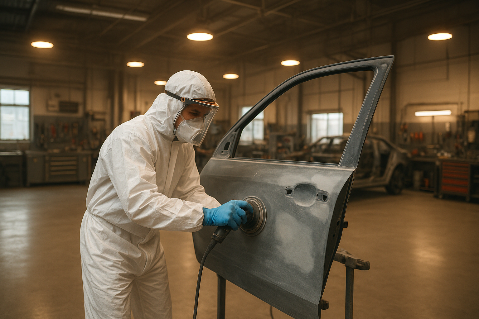Technician performing auto body repair at a Barrett body shop with modern equipment