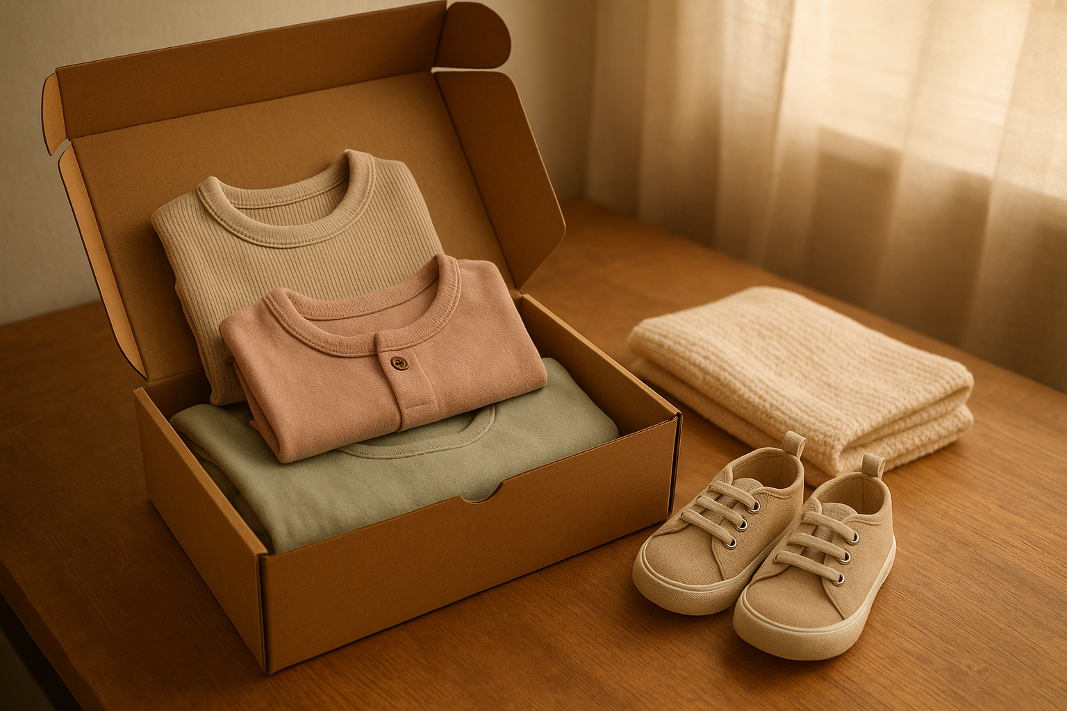Opened box showing an affordable kids fashion subscription with folded children's clothing