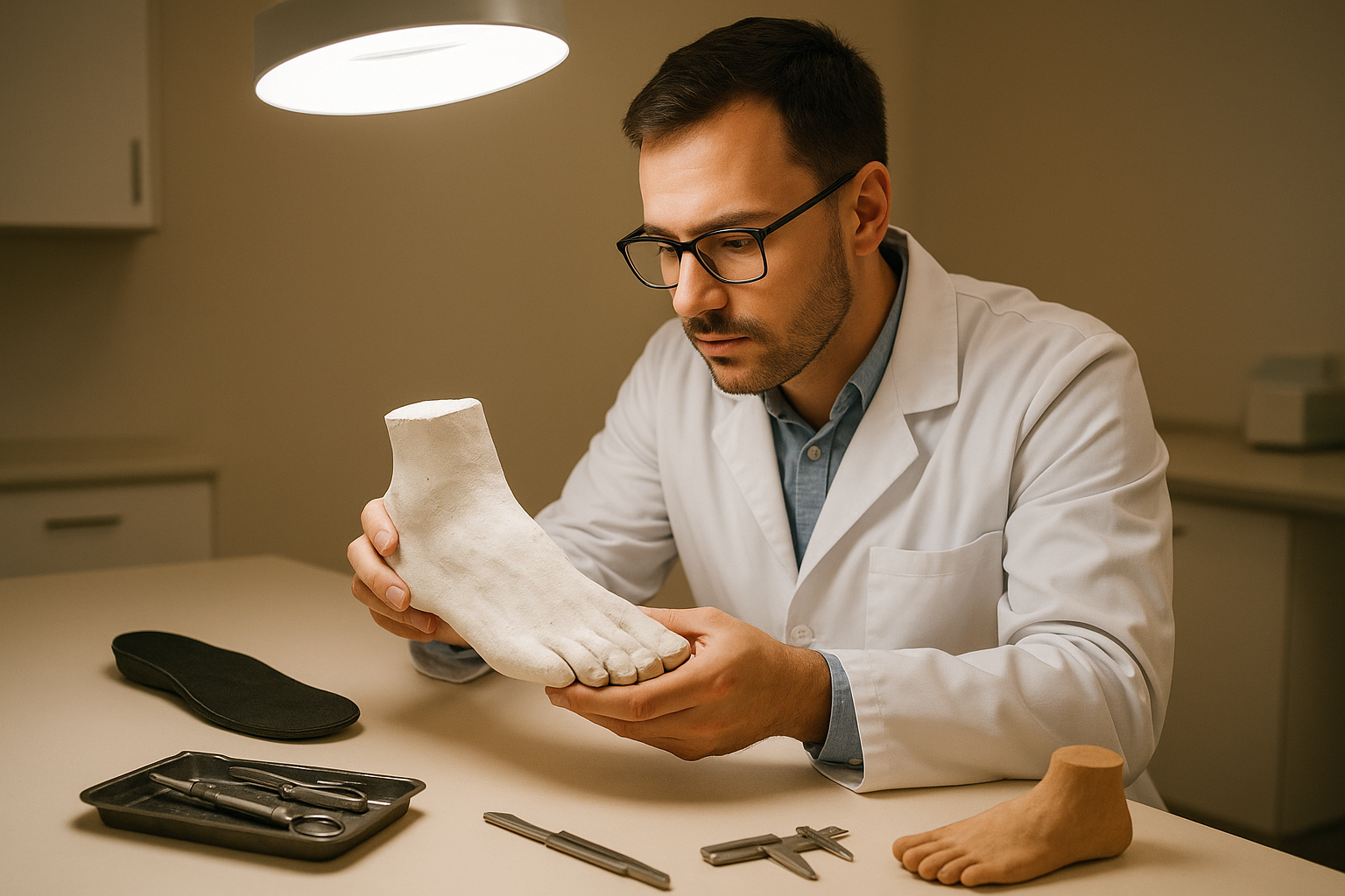 Podiatrist examining a custom foot mold used to fabricate precision orthotics for flat feet support
