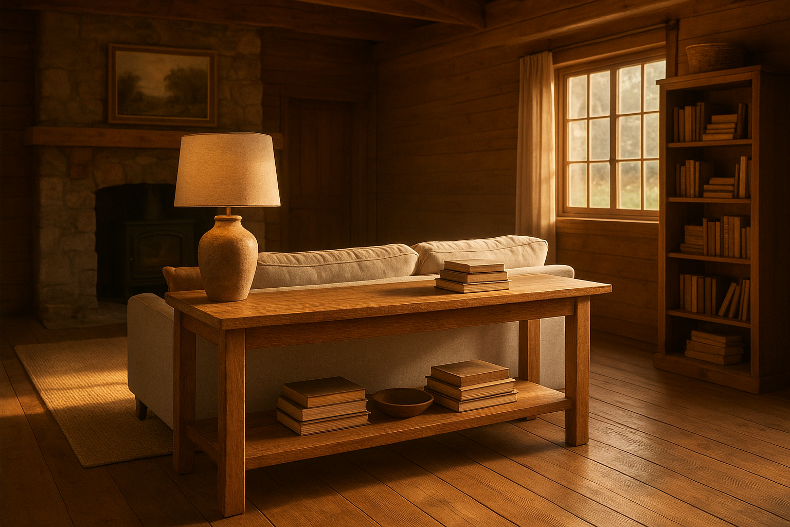 Rustic console table styled behind a sofa in a warm living room setting
