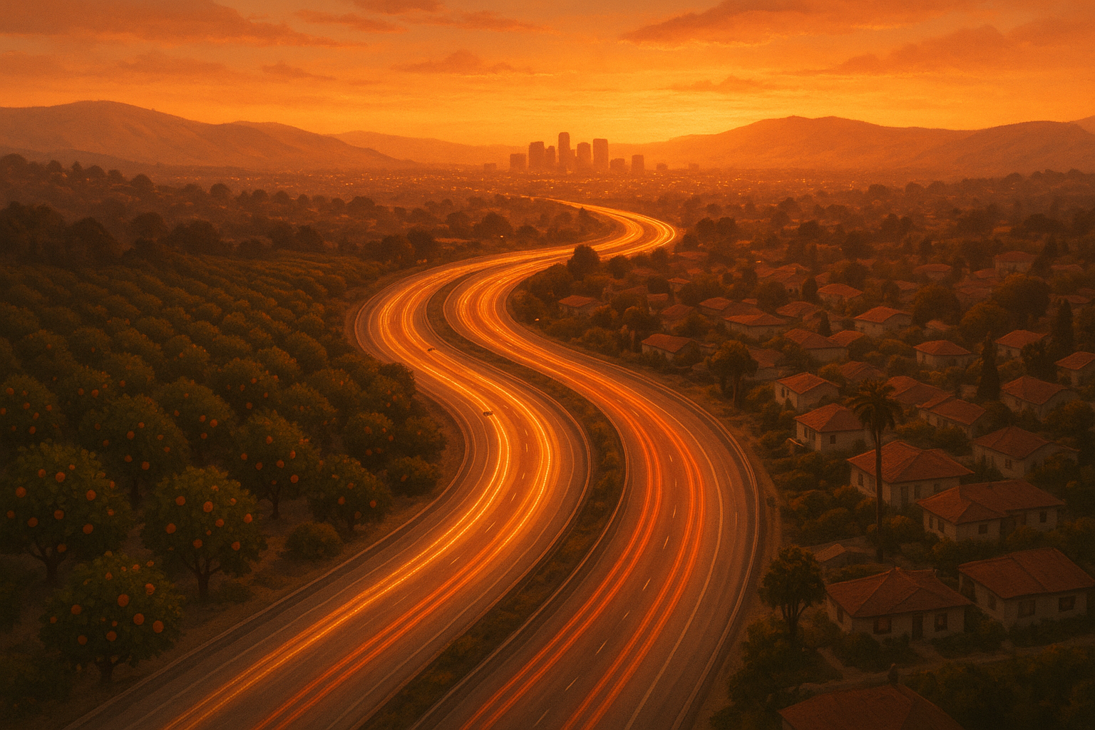 Illustrated travel route concept showing the drive from Orange County toward the Hollywood Bowl