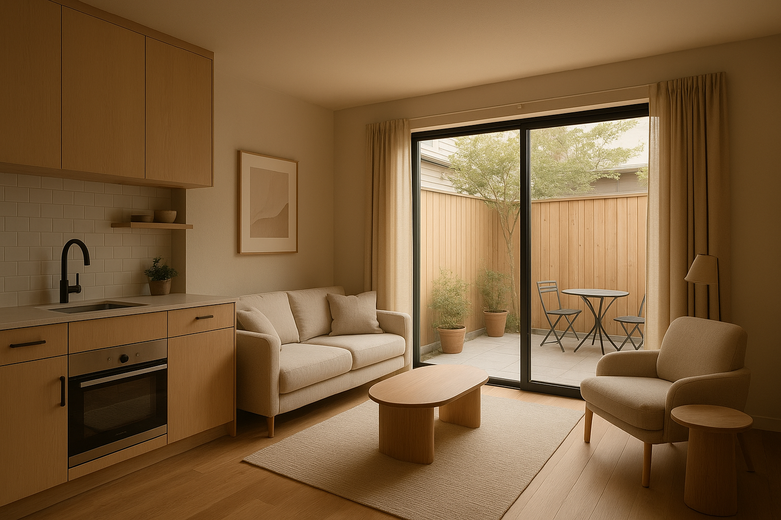 Interior of a Los Angeles ADU studio with open kitchen and sliding glass patio door