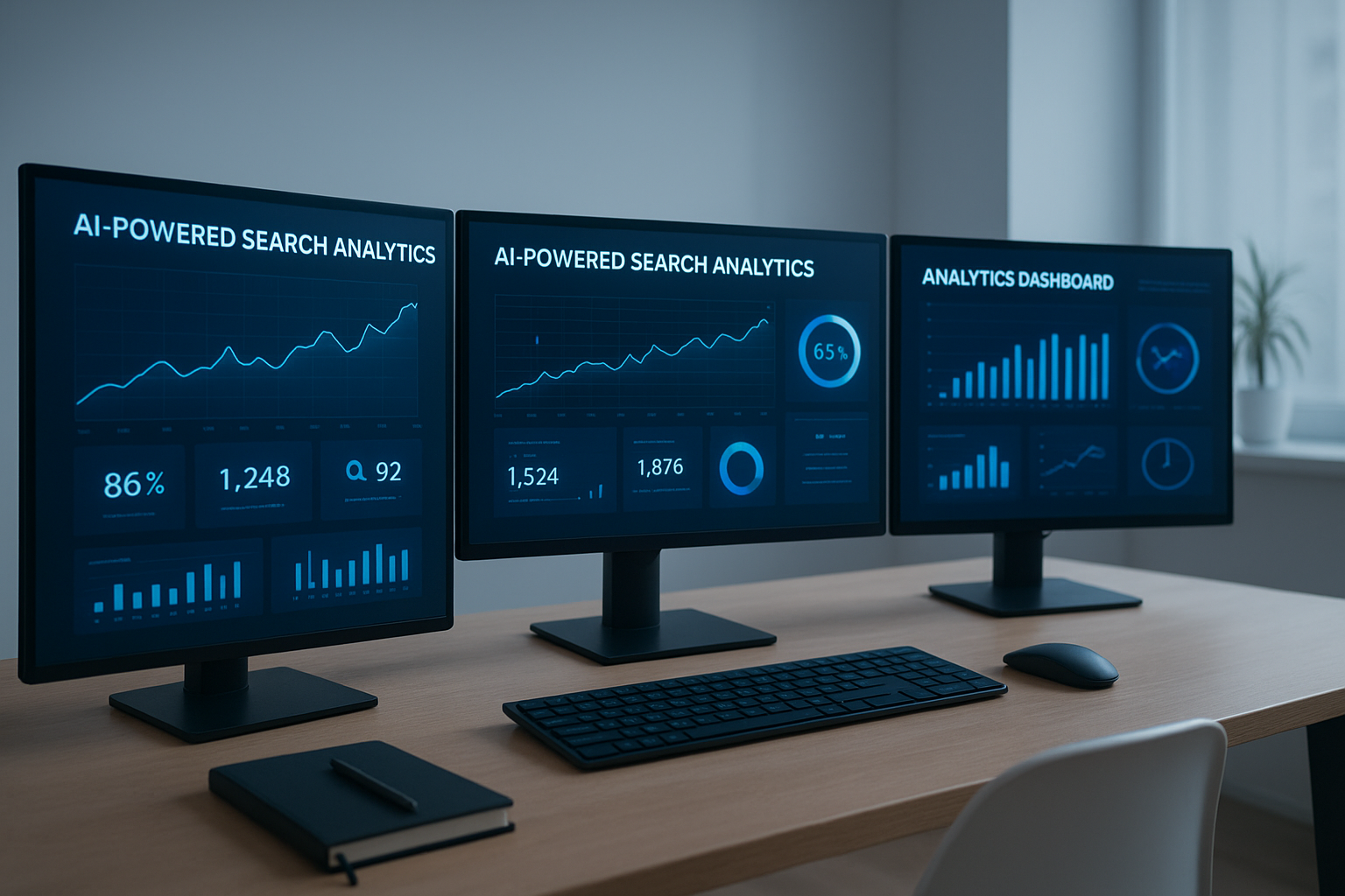 Marketer reviewing AI tools for search marketing on multiple dashboard screens