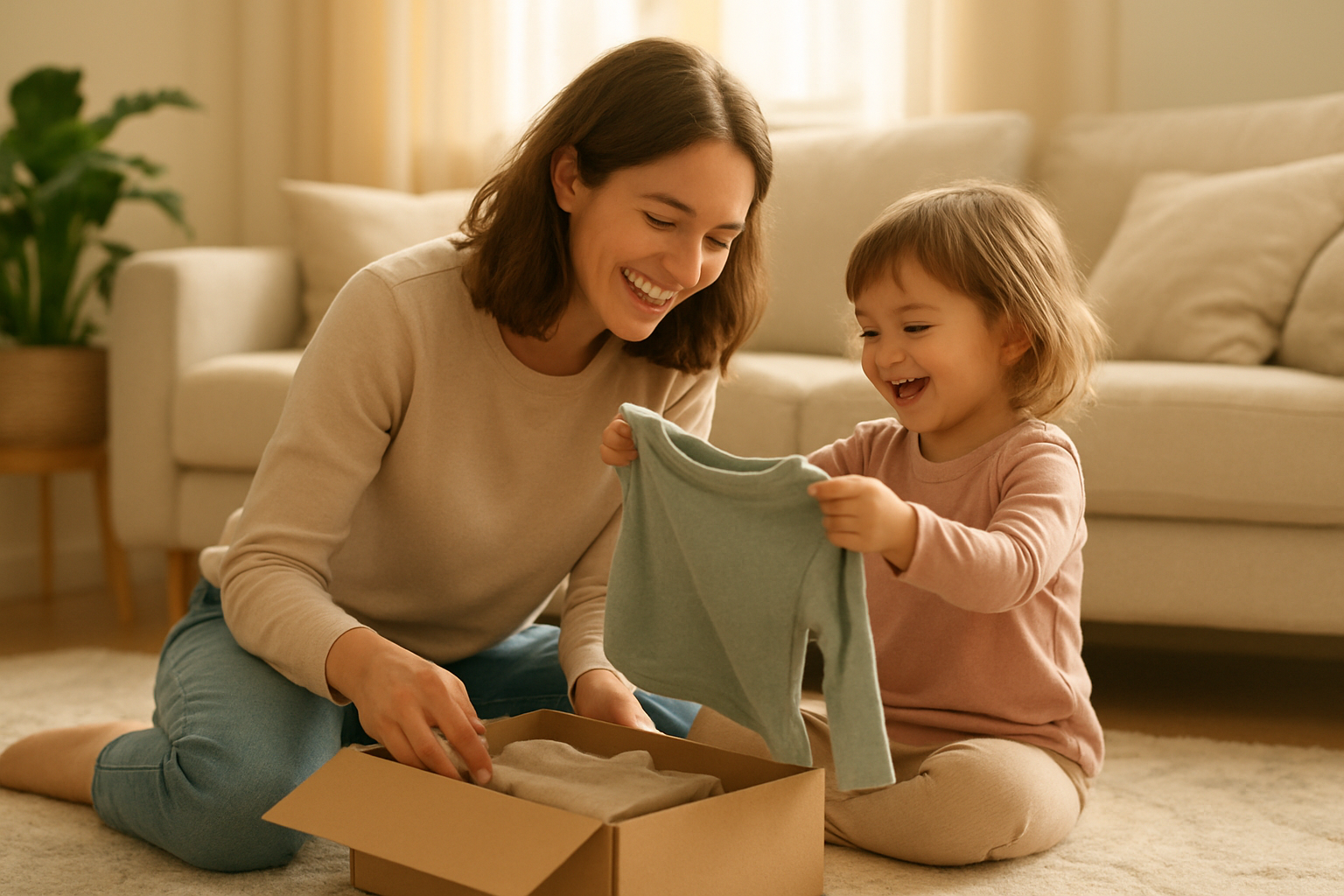 Parent and child unboxing a designer kids clothing rental subscription