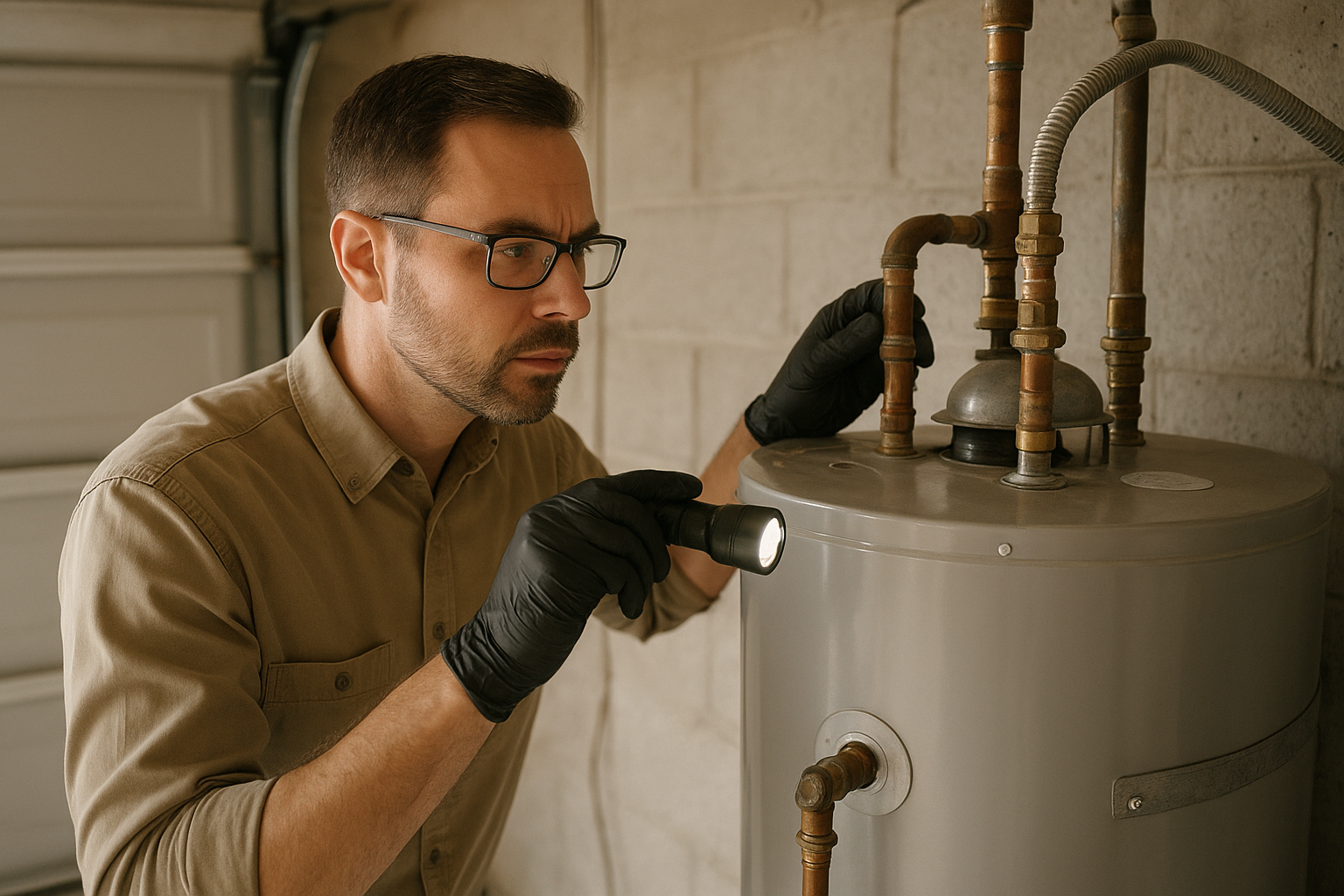 Home inspector performing a water heater inspection in a residential garage