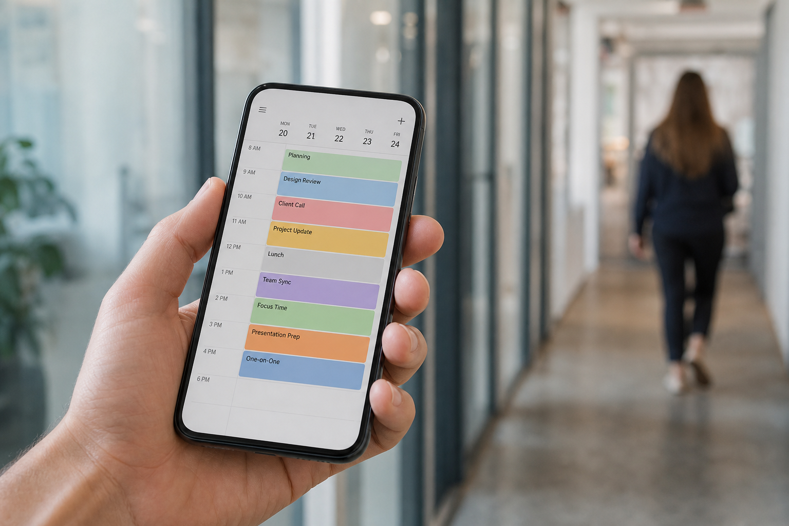 Person checking a calendar app on a smartphone synced with a business calendar server