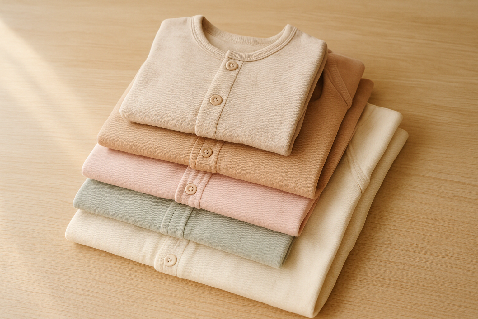 Eco-friendly baby clothes rental bundle of soft neutral onesies and rompers on a wooden surface