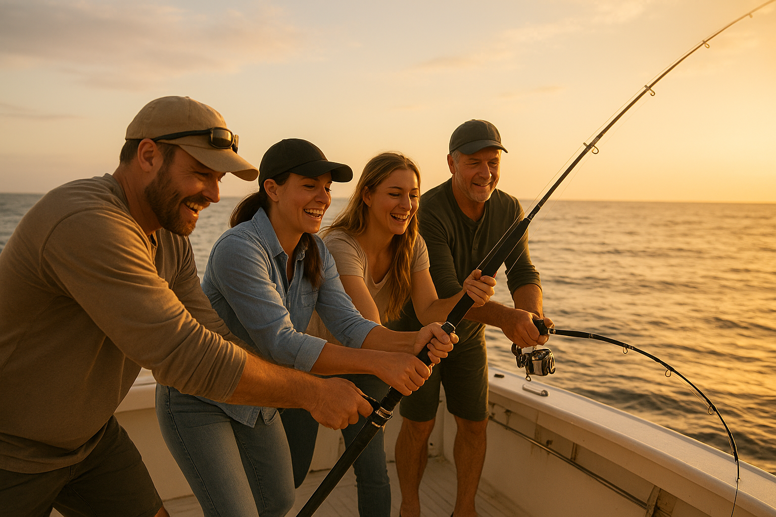Group of anglers reeling in a catch during a Myrtle Beach charter fishing trip at golden hour