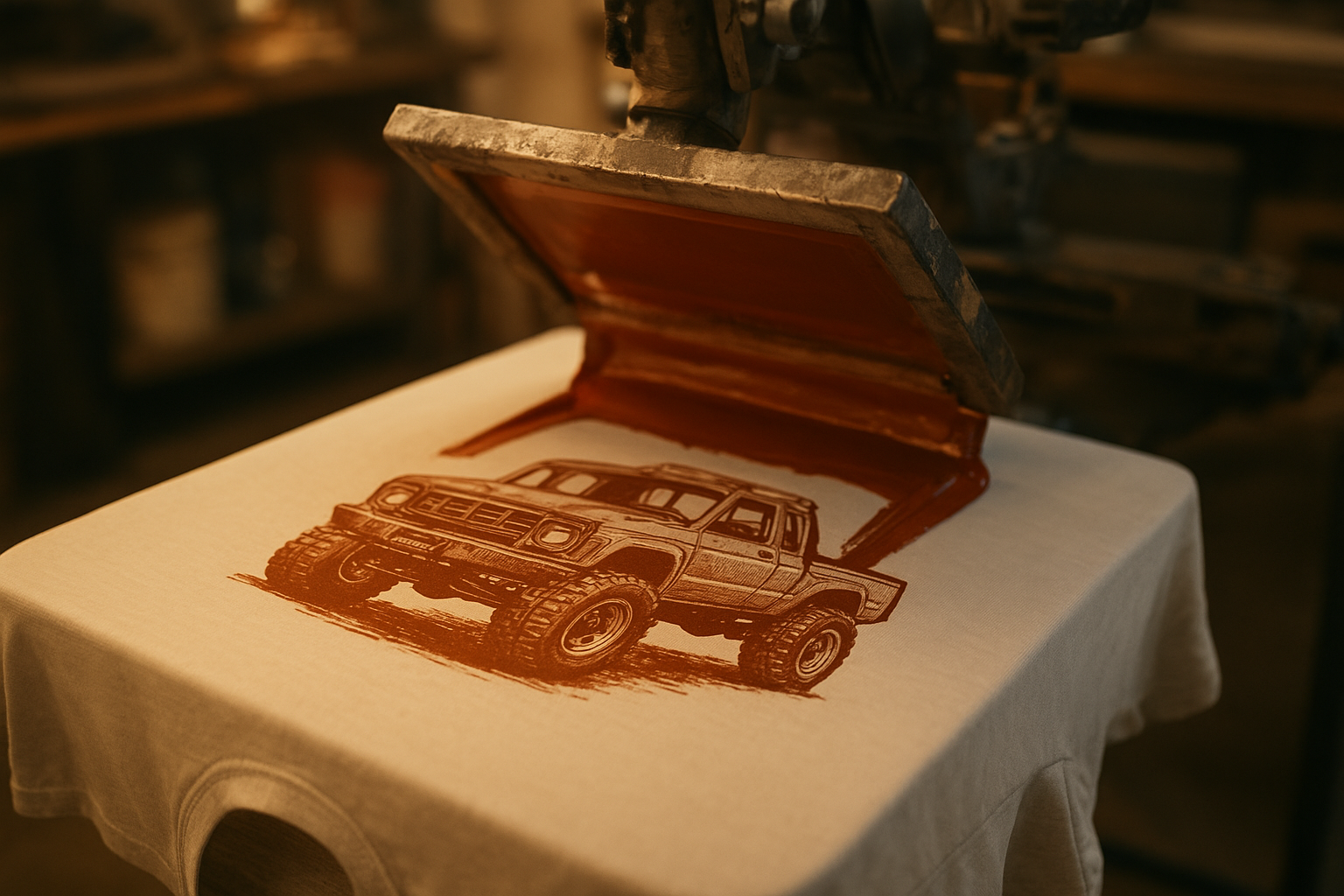 Screen printing press applying a retro off-road design onto a cotton T-shirt