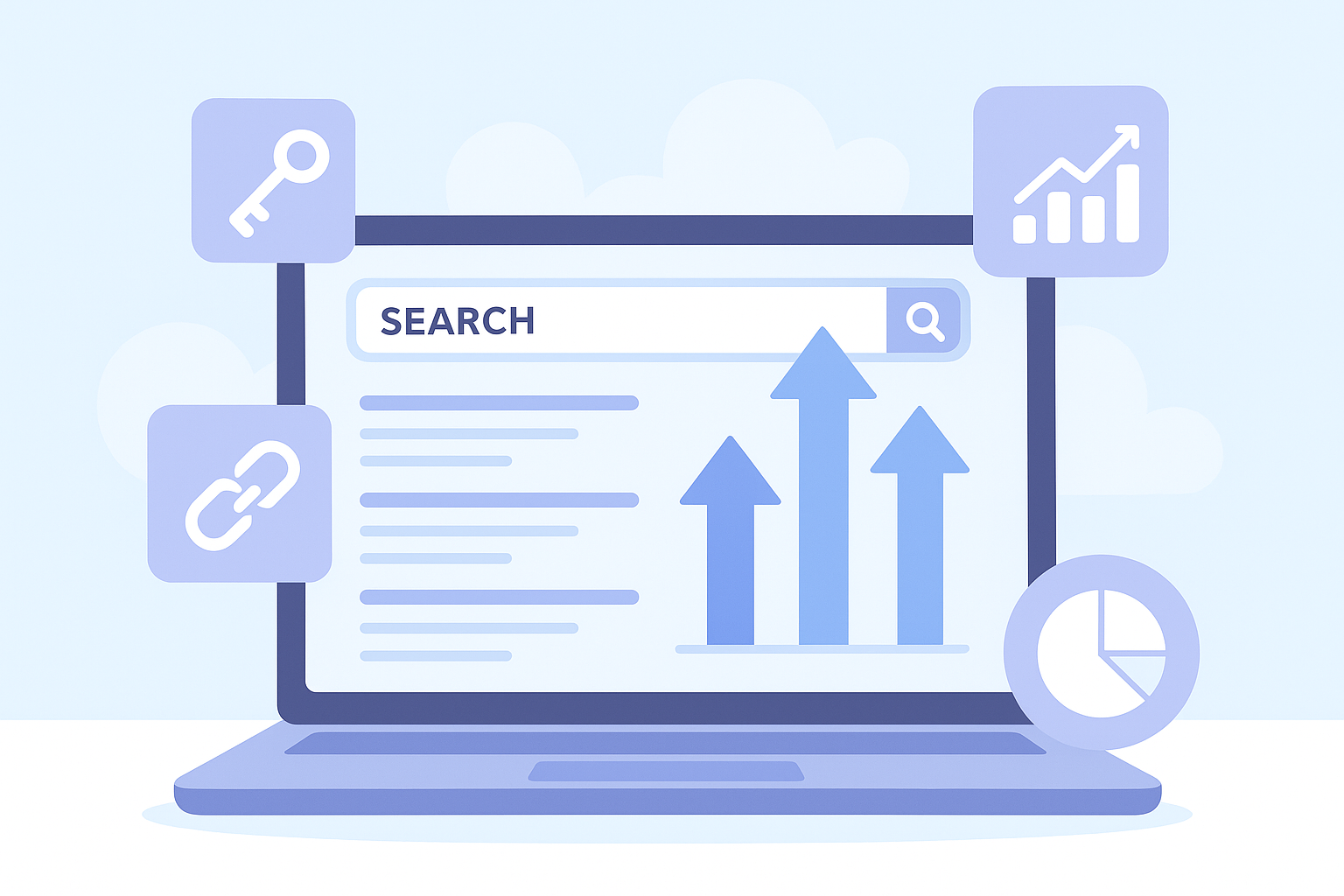 Step-by-step how to do SEO process illustrated with search ranking arrows and optimization icons