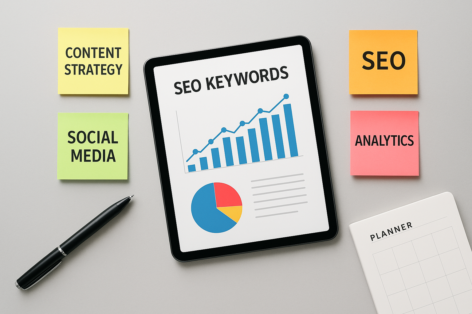 SEO strategy planning materials for a freelance marketer including keyword charts and notes