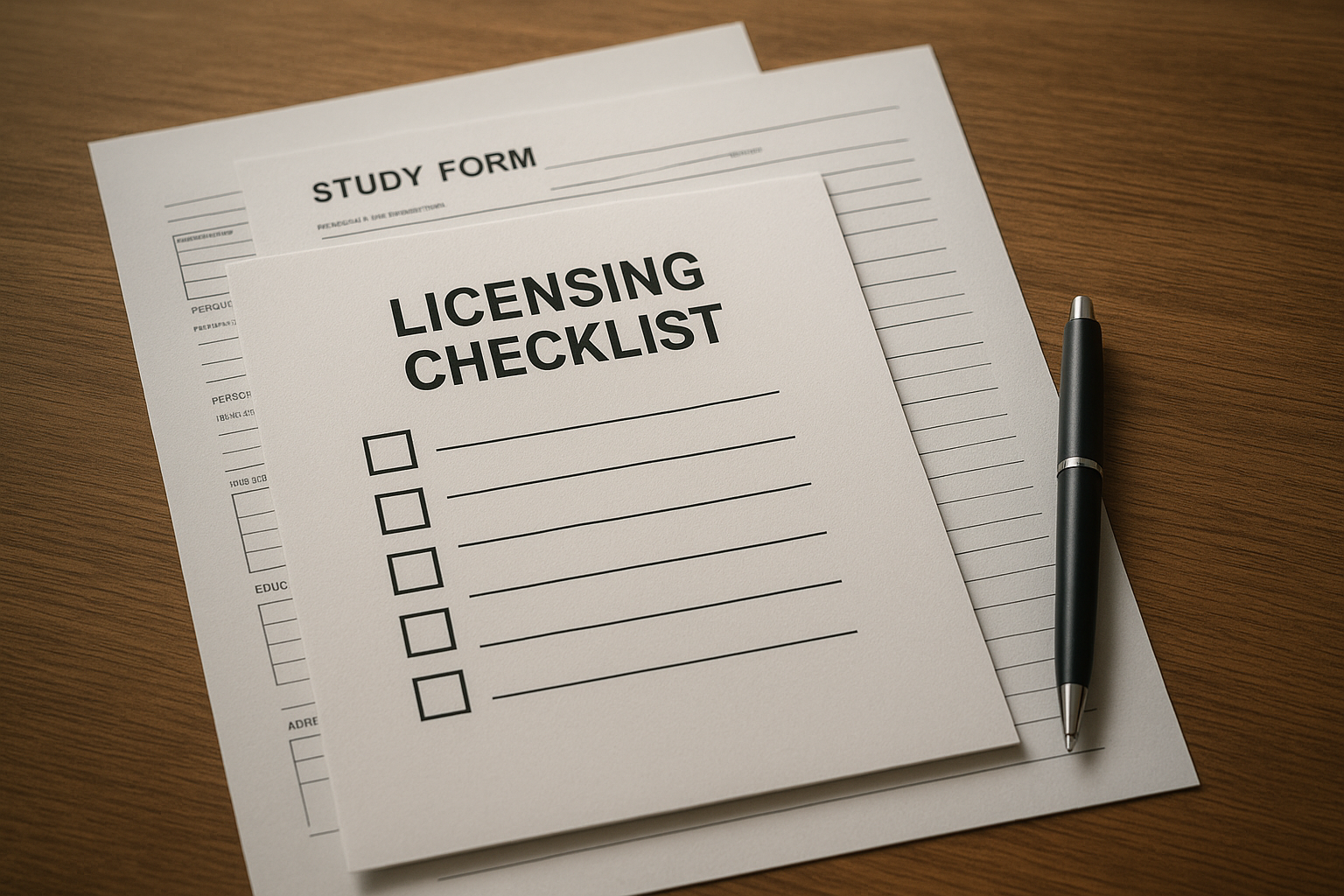 Close-up of a 245D licensing compliance checklist and background study forms on a desk