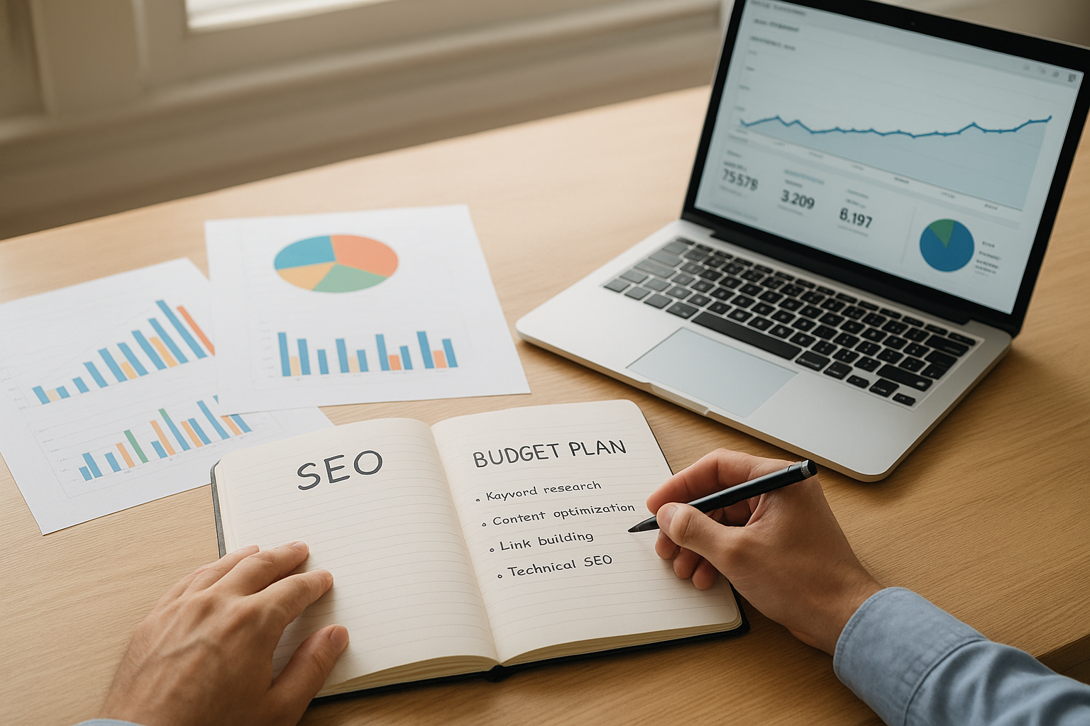 Business owner planning an SEO budget with analytics data and a notebook