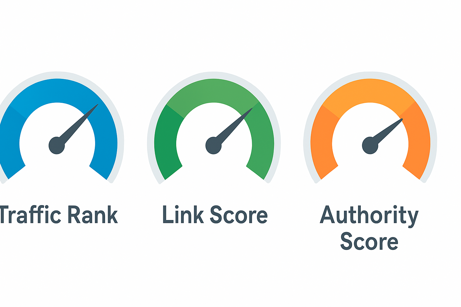 Comparison of SEO metrics including traffic-based rank scores, link scores, and authority scores shown as gauges