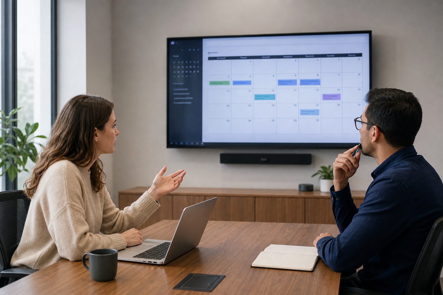 Small firm meeting room with a wall calendar and laptop representing connected scheduling software