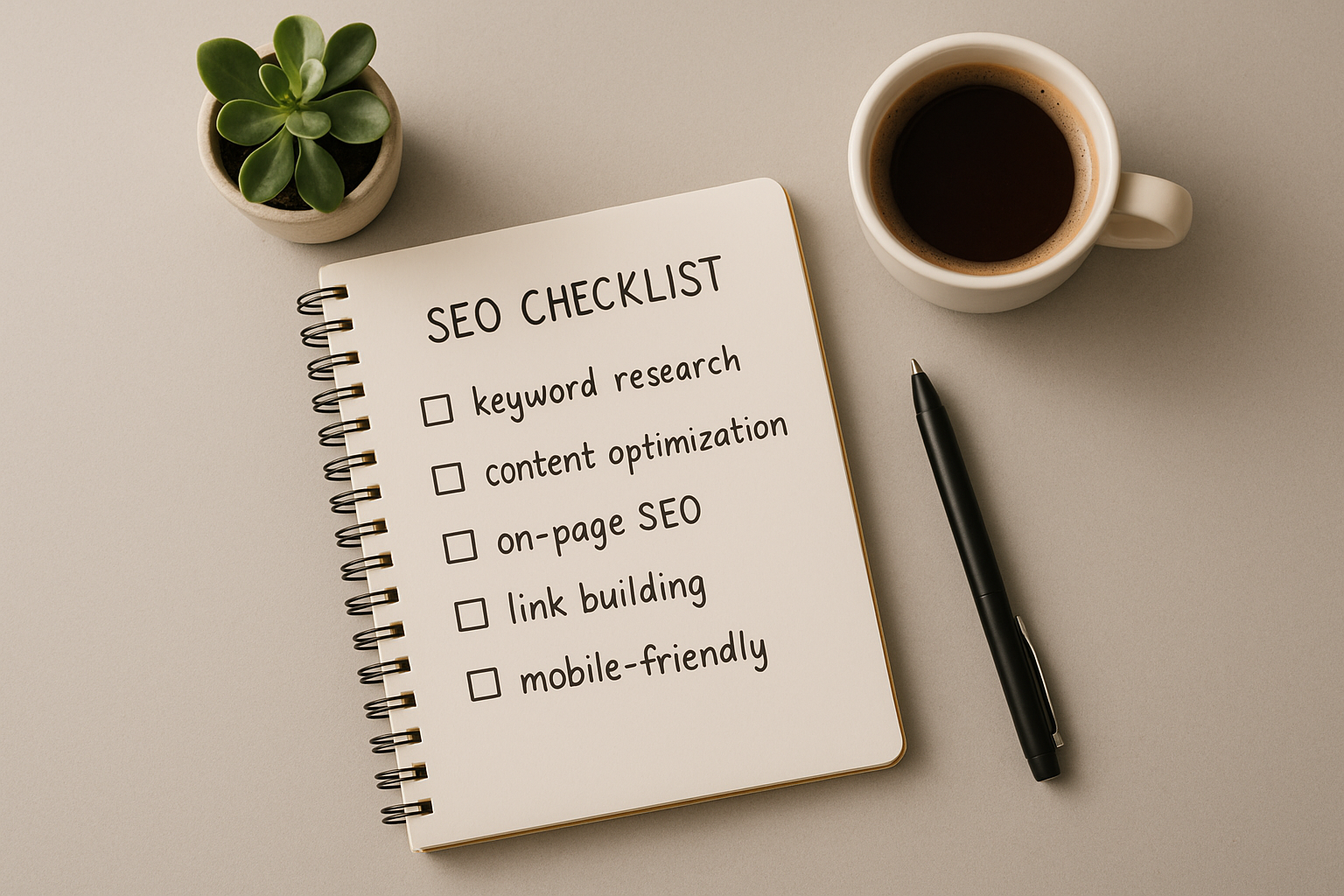 SEO checklist notebook on a desk representing steps to create a search engine optimized page