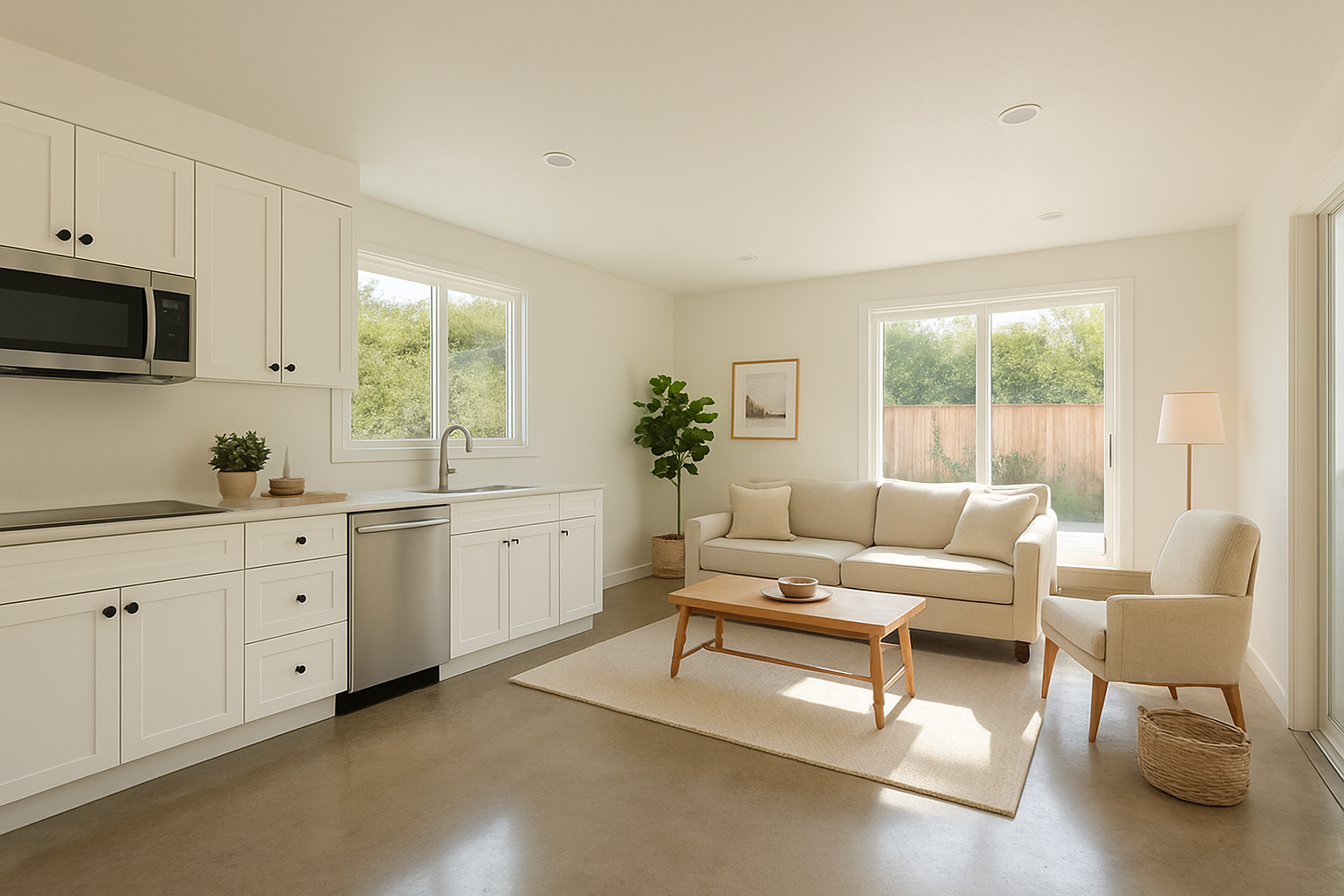 Finished garage conversion ADU interior with modern kitchen and polished concrete floors in Southern California