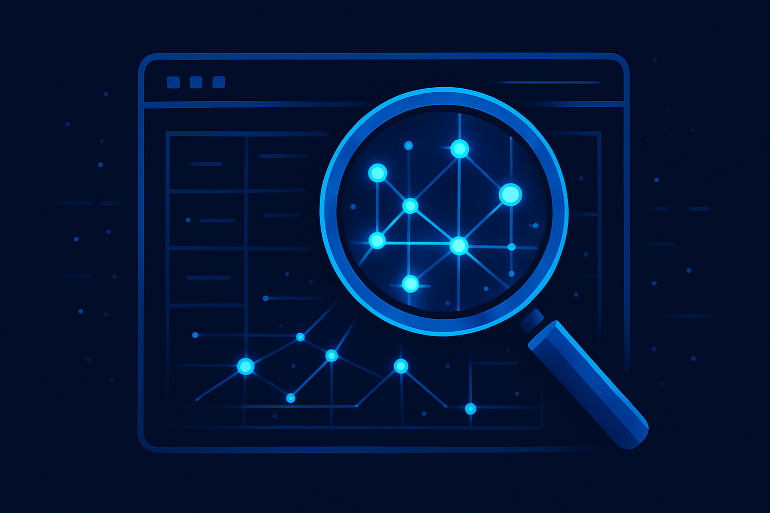 Abstract illustration of a magnifying glass revealing hidden SEO data nodes within a website structure