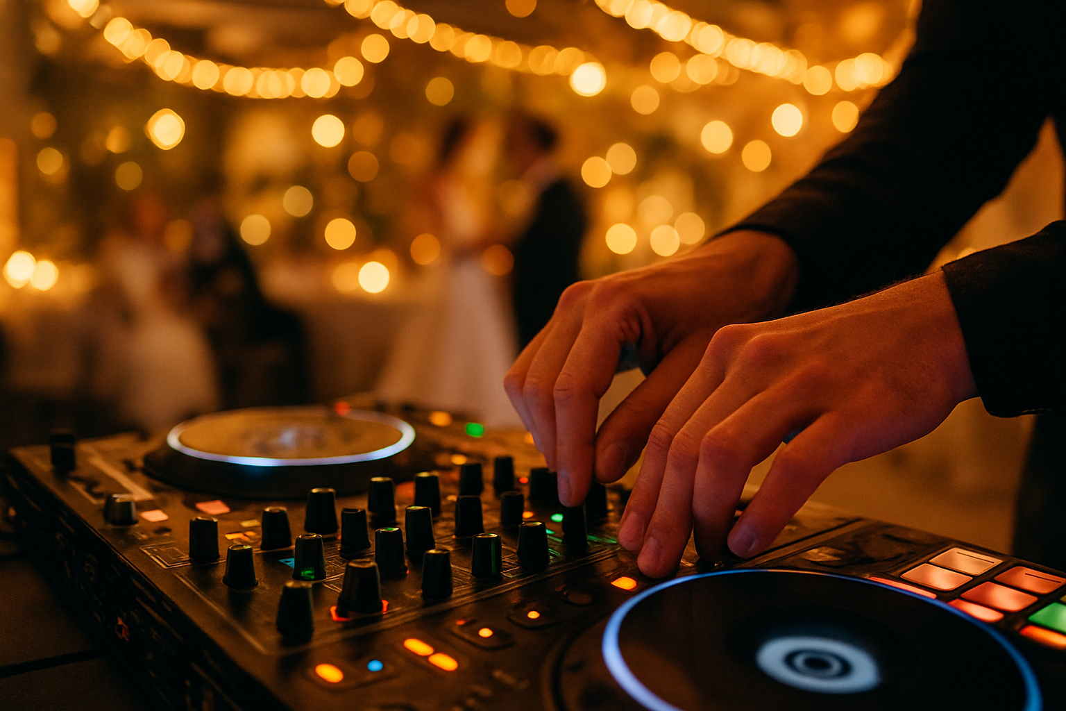 Close-up of professional DJ mixer and lighting equipment used at an Owensboro Kentucky wedding reception