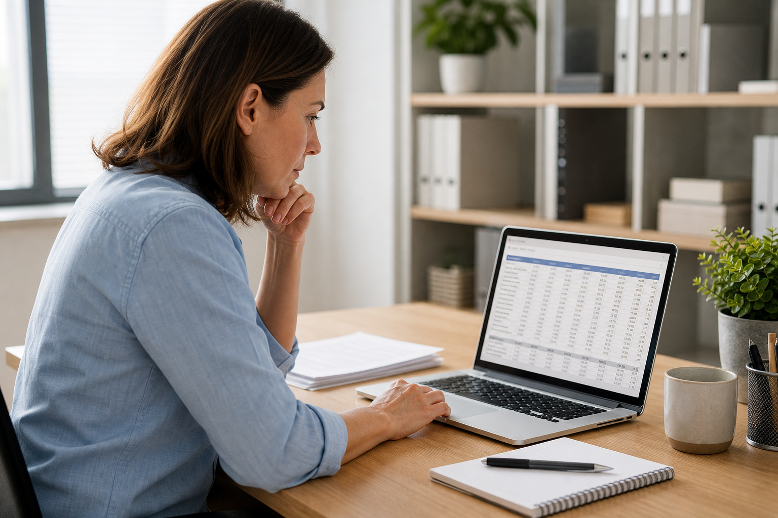 Small business owner reviewing a payroll report after outsourcing payroll coordination tasks