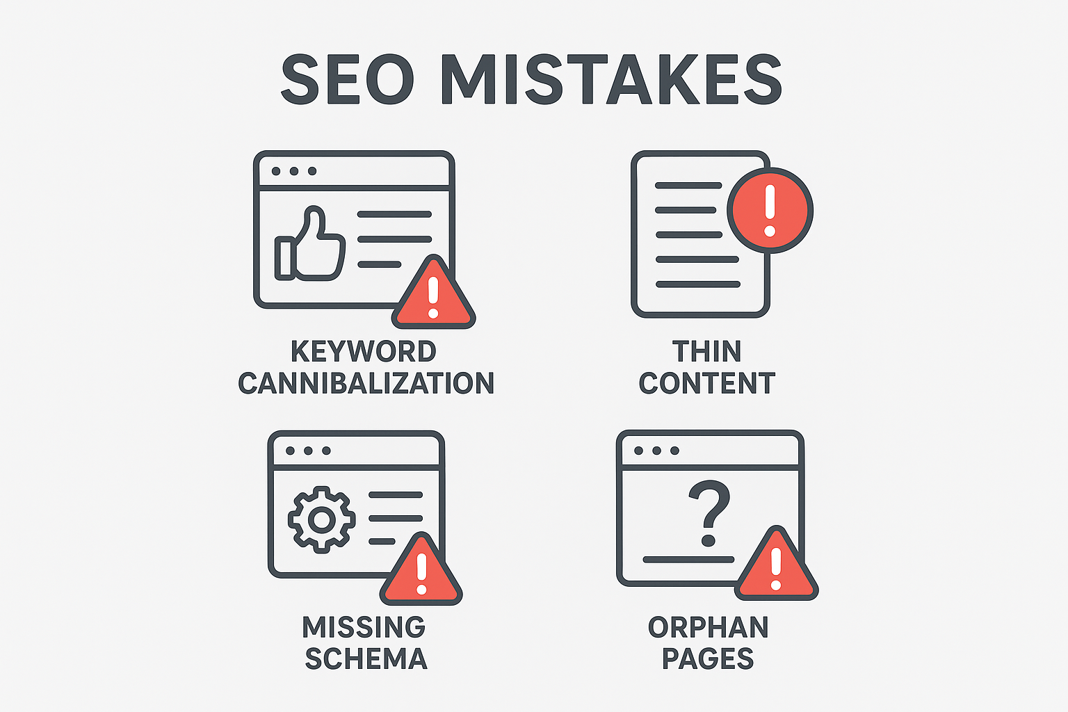 Infographic showing four common SEO mistakes that Ranktify helps website owners identify and fix