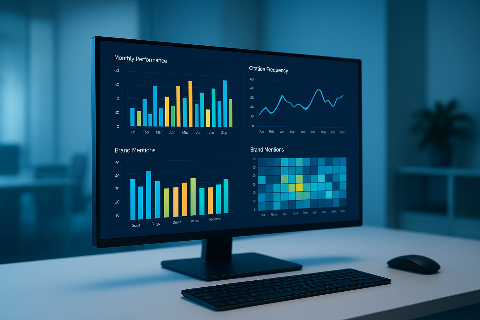 Agency dashboard showing AI search performance reporting metrics including citation frequency and brand visibility