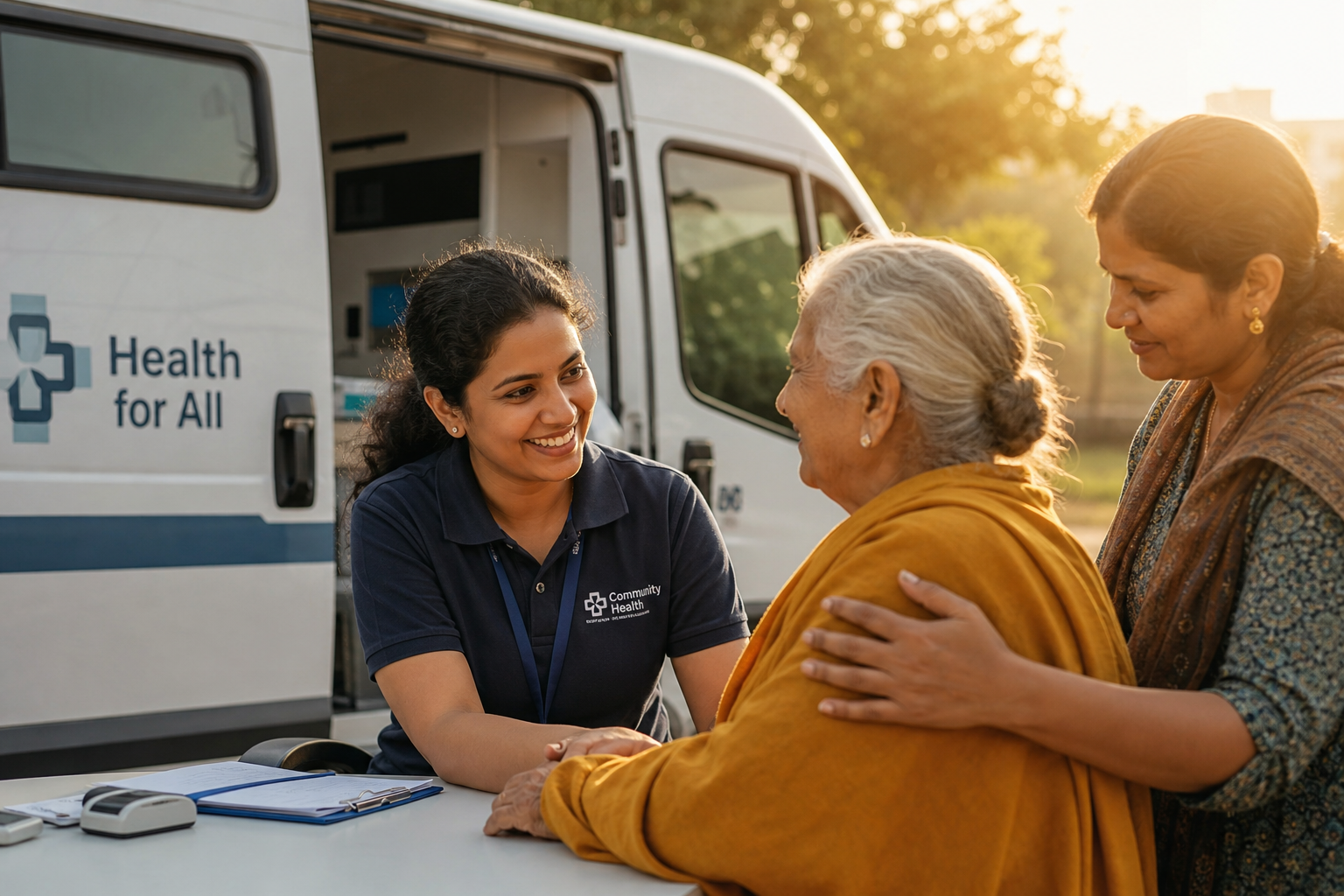 Community health worker discussing a mobile health AI program with a patient and family
