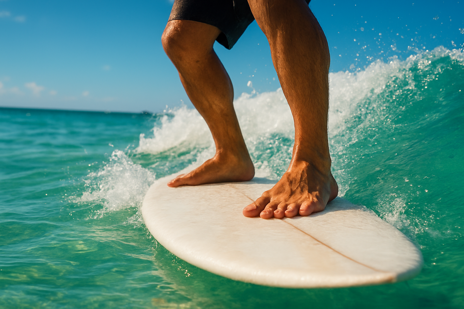 Correct surfing stance on a board riding a small wave during a surf lesson