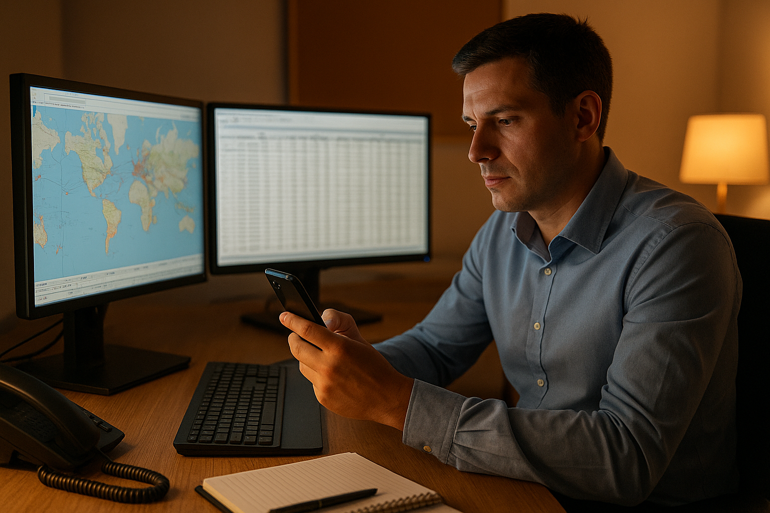 Freight agent monitoring multiple air freight shipments on dual computer monitors