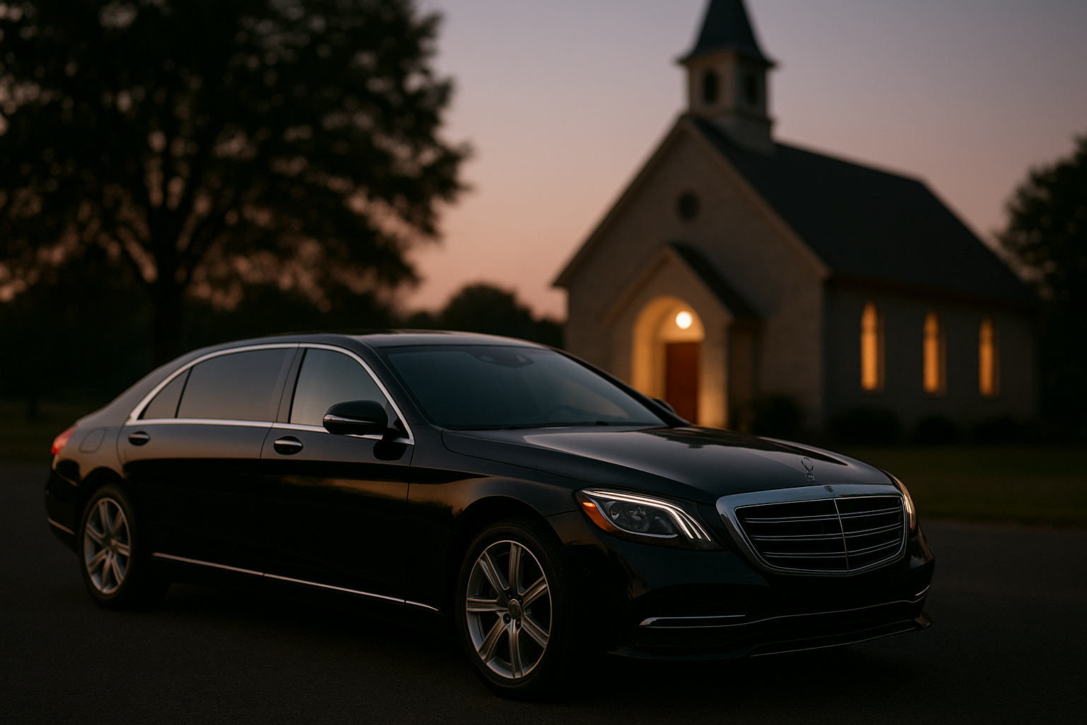 Black luxury limousine used for funeral transport Lawndale families near a chapel entrance