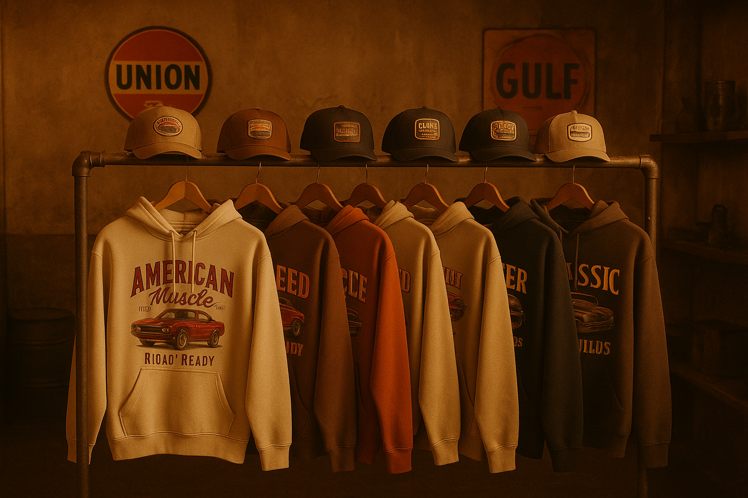 Rack of hot rod apparel hoodies and caps displayed in a garage-themed store