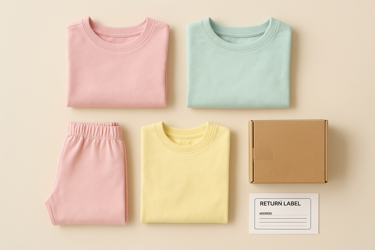 Folded children's clothing packed for return shipping as part of a rental subscription